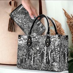 cottagecore forest linocut print top handles vegan leather tote handbag, whimsical boho trees purse shoulder strap