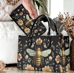 cottagecore bee top handles vegan leather tote handbag, dark floral purse & shoulder strap, whimsigoth crossbody bag