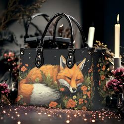 cottagecore forest sleepy fox top handles vegan leather tote purse handbag, animal floral zipped shoulder bag, whimsical