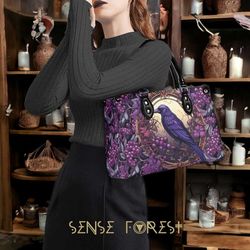 cottagecore purple berry crow art nouveau vegan pagan leather handbag, witchy raven bird lover crossbody bag, retro