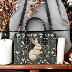 cottagecore white rabbit floral top handles vegan leather tote handbag, boho botanical purse shoulder bag, cute bag