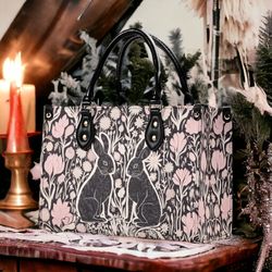 dark academia floral rabbit lino print top handles vegan leather tote handbag, retro cottagecore purse shoulder bag