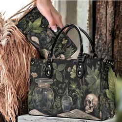 dark academia witchy botanical top handles vegan leather tote handbag, boho goth skull purse & shoulder strap
