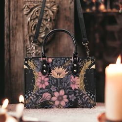 dark boho cottagecore moon floral vegan leather tote handbag, witchy top handles purse shoulder strap, whimsigoth