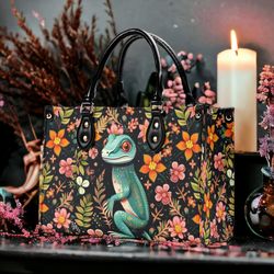 dark cottagecore forest cute lizard floral art top handles vegan leather handbag tote purse, reptile lover boho boxy