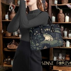 goblincore moon frog forest top handles vegan leather tote handbag, dark academia cottagecore bag & shoulder strap