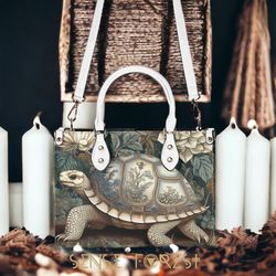 goblincore box turtle art nouveau vegan leather leather handbag, witchy cottagecore tortoise lover crossbody bag, retro
