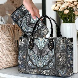 medieval dark academia bat floral stained glass top handles vegan leather tote handbag, witchy goth purse shoulder bag