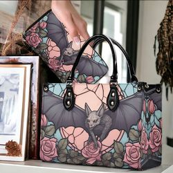 medieval stained glass gargoyle pink rose vegan leather handbag, witchy goth crossbody bag, gothic spooky tote purse