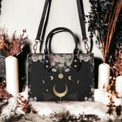 pale rose moon boho top handles vegan leather tote handbag black purse with shoulder strap, whimsical witchy dark