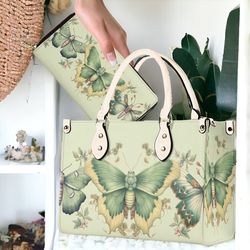pastel green moth cream handles vegan leather tote purse, cottagecore butterfly handbag shoulder strap, floral crossbody