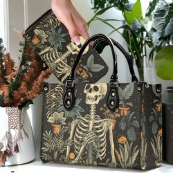plant lover skeleton top handles vegan leather tote handbag, dark academia goth purse & shoulder strap, whimsigoth