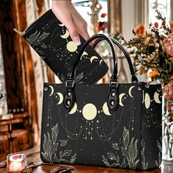witchy celestial moon stars top handles vegan leather handbag purse with shoulder strap, whimsical pagan mystical