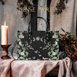 witchy cottagecore moon phase moth forest top handles vegan leather handbag purse with shoulder strap, whimsical