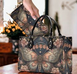 witchy goth moon phase moth top handles vegan leather tote handbag, retro floral boho butterfly purse shoulder bag, cute
