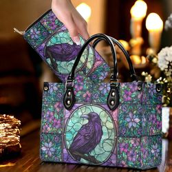 witchy gothic stained glass raven top handles vegan leather tote handbag, whimsical boho crow purse shoulder strap