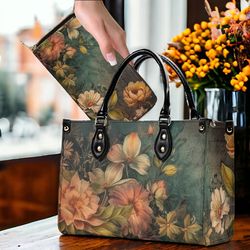 witchy oil paint floral dark academia top handles vegan leather handbag purse with shoulder strap, teal crossbody bag