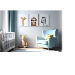 nursery wall art prints with baby sloth, giraffe