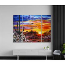 sunset in desert cactus oil painting print - multi panel sunset canvas - flowers in the desert canvas wall art - sunset