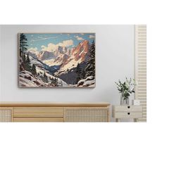 mountain landscape print art, vintage landscape painting, rustic country art print, winter poster, printable wall art, d