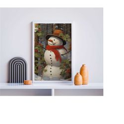 winter landscape snowman painting print, vintage snowman poster printable snowman painting, winter country decor, christ