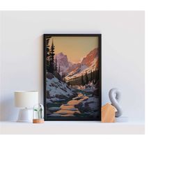 winter mountain landscape | cabin art print | winter decor montana river poster | mountain print art | landscape art | d