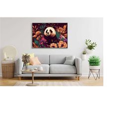 panda bear flowers oriental poster japanese decor airbnb decor digital download wall art