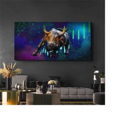 bull of wall street, bull vs bear stock market art print, successful entrepreneur wall decor, bull vs bear market