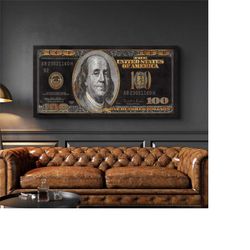 gold money dollar bill art poster canvas wall art, money canvas wall art, dollar bill, benjamin franklin dollar bill mot