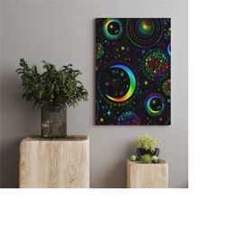 neon moon wall art, outrun style moon and flowers canvas, pop art wall decor, framed canvas print, framed wall art, wall