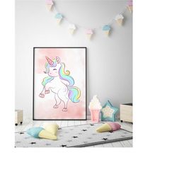 unicorn art print, rainbow unicorn canvas, girl nursery wall art, rainbow unicorn art kids room decor, baby room wall ar