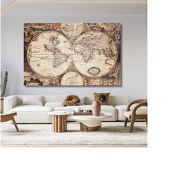 vintage educational 'the world' map wall art, framed modern old world map canvas wall print, push pin traveler living ro