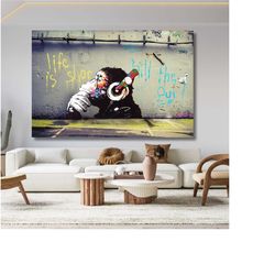 banksy dj chimpanzee wall art print, banksy dj monkey canvas wall art print,graffiti canvas art,living kids room decor,m