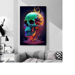 257 9 skull painting, skull canvas, skull poster, mexican skull poster, mexican skull painting, colorful painting, color