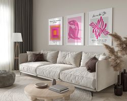 matisse exhibition print set of 3, pink block gallery wall art, matisse abstract art prints, museum poster set, aestheti