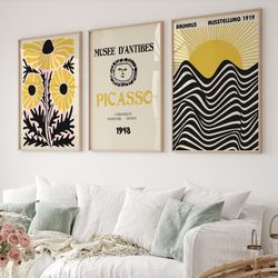 gallery wall art set of 3, picasso print, matisse poster, picasso poster, gallery wall bundle, bauhaus poster set, moder