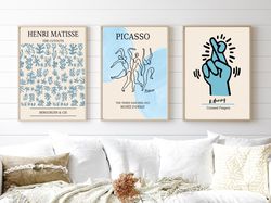 gallery wall set of 3, boho museum exhibition poster,blue matisse print,the three dancer poster of picasso, crossed fing