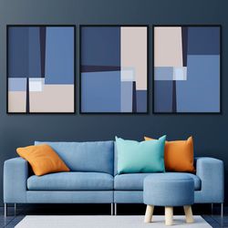 geometric line art abstract 3 piece wall art prints light blue modern wall decor extra large minimalist set 3 poster bed