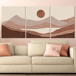 geometric mountain line art boho 3 piece wall art print mid century modern decor extra large minimalist poster set bedro