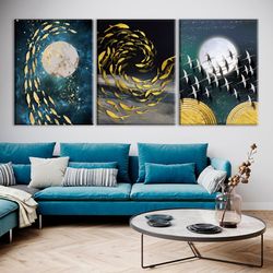 gold abstract 3 piece wall art print scandinavian set of 3 poster modern wall decor extra large framed fish canvas livin