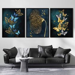 gold butterfly 3 piece wall art print abstract black set of 3 poster nordic wall decor extra large framed botanical canv