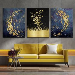 gold butterfly 3 piece wall art print abstract black set of 3 poster modern wall decor extra large framed fish canvas li