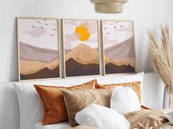 set of 3 boho landscape abstract wall art prints, nordic wall decor posters, scandinavian wall art, brown sunset wall ar