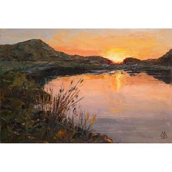 gentle sunset over lake painting 8x12" original painting sunny landscape impressionist signed by artist marina chuchko