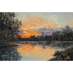 gentle sunset over pond painting 6x9" original painting sunny landscape impressionist signed by artist marina chuchko