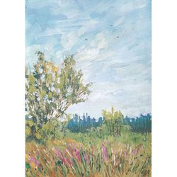 tree painting 7x5" wildflower landscape small original painting impressionist summer art signed by artist marina chuchko