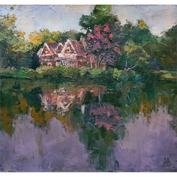 lake painting house landscape 9x9,5" original art impressionist fine art signed by artist marina chuchko