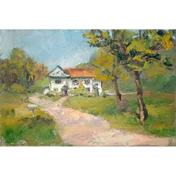 cottage painting 8x12" sunlit house landscape original painting impressionist summer art signed by artist marina chuchko