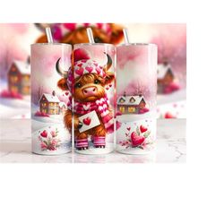 baby highland cow valentines day tumbler wrap, 20oz skinny tumbler sublimation design, love letter tumbler png instant d