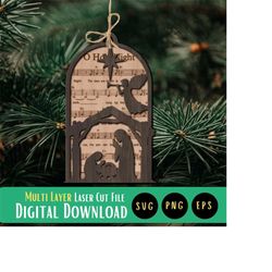 oh holy night ornament laser cut file, music engraved ornament, christmas laser cut file, nativity ornament, glowforge,